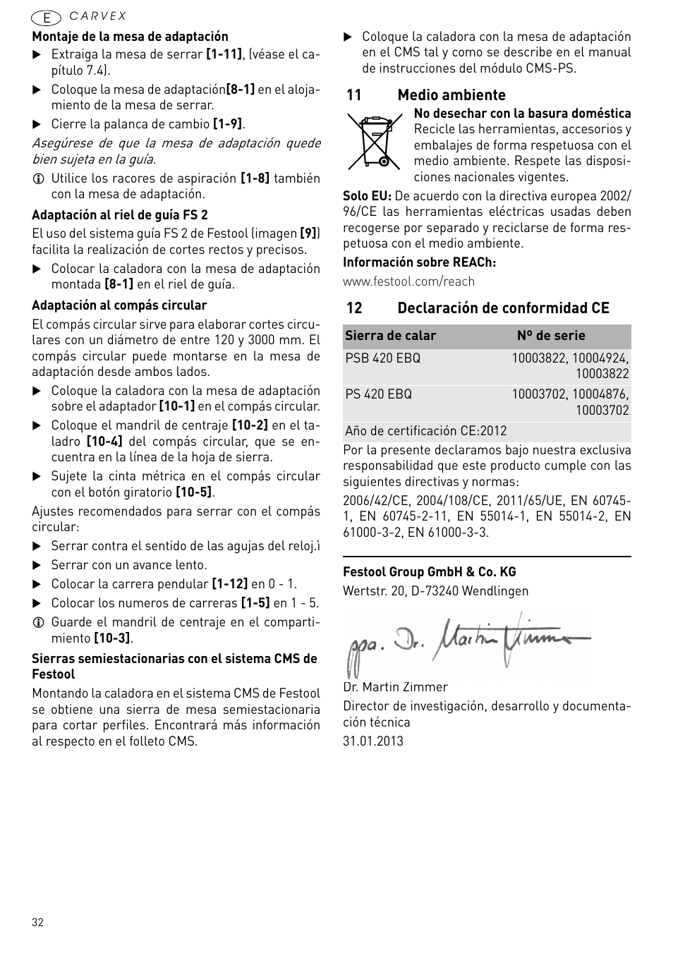 11 medio ambiente, 12 declaración de conformidad ce | Festool PSB 420 EBQ User Manual | Page 32 / 99