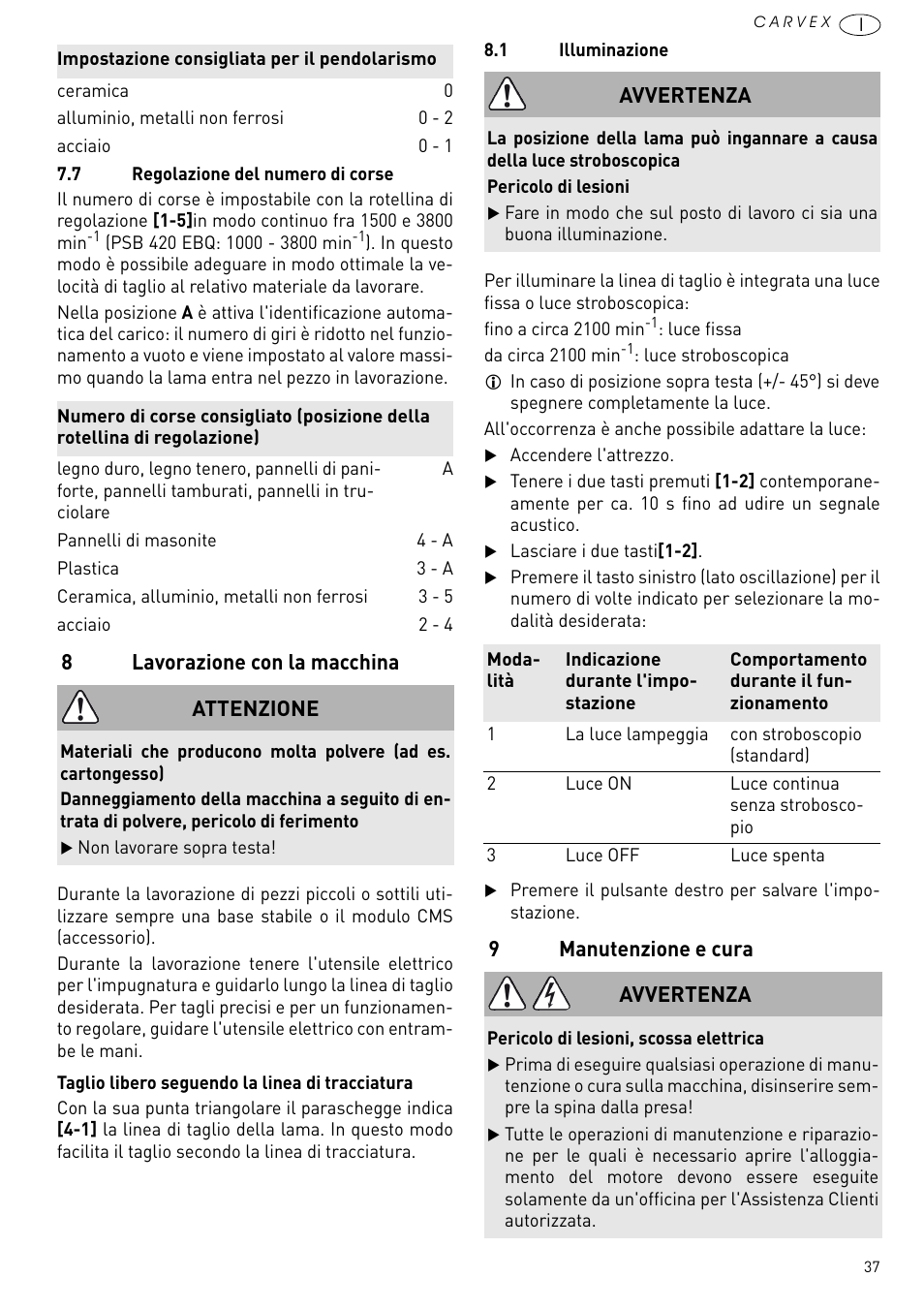 Lavorazione con la macchina, Manutenzione e cura, 8lavorazione con la macchina | 9manutenzione e cura, Attenzione, Avvertenza | Festool PSB 420 EBQ User Manual | Page 37 / 99