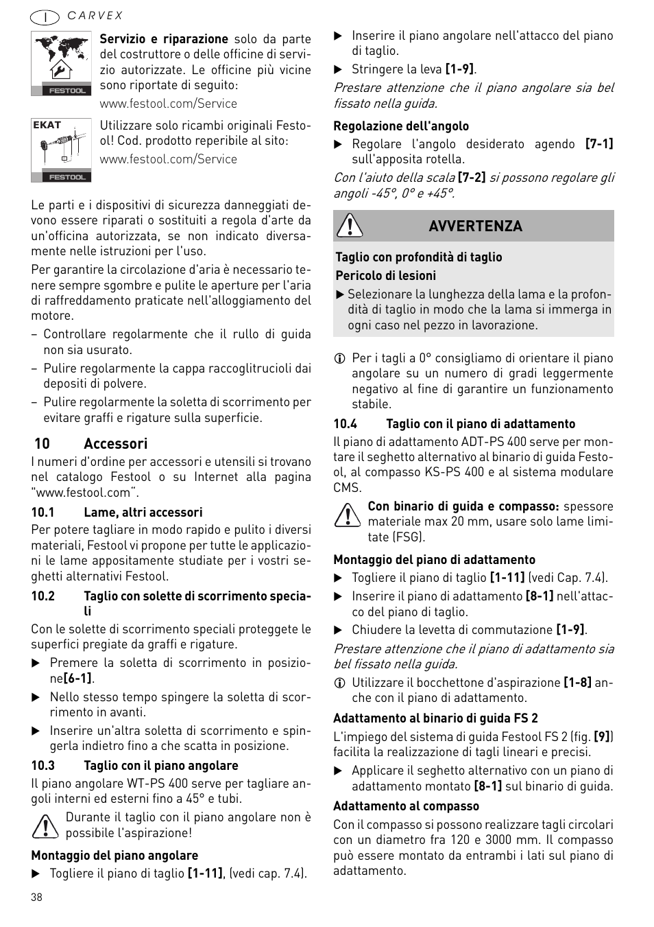 10 accessori, Avvertenza | Festool PSB 420 EBQ User Manual | Page 38 / 99