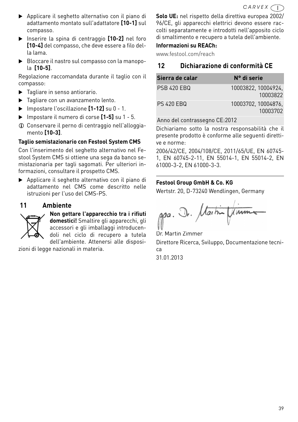 11 ambiente, 12 dichiarazione di conformità ce | Festool PSB 420 EBQ User Manual | Page 39 / 99