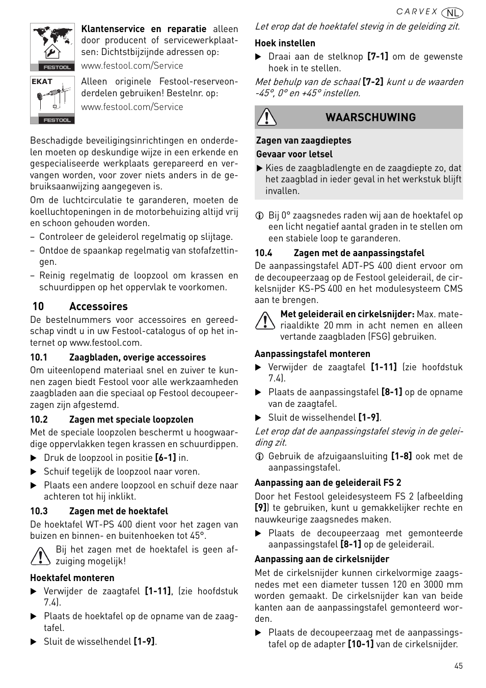 10 accessoires, Waarschuwing | Festool PSB 420 EBQ User Manual | Page 45 / 99