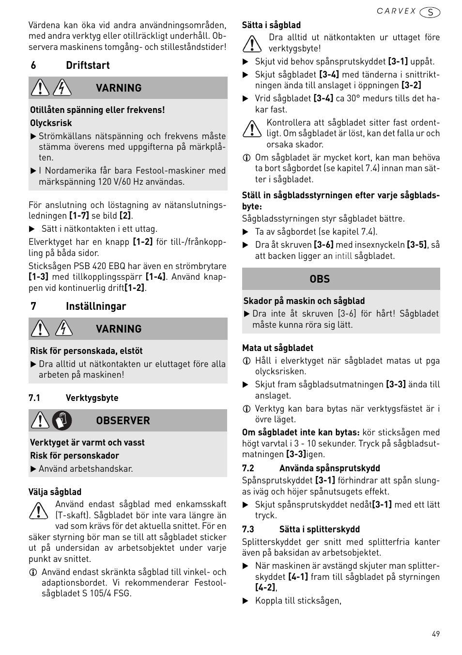 Driftstart, Inställningar, 6driftstart | 7inställningar, Varning, Observer | Festool PSB 420 EBQ User Manual | Page 49 / 99