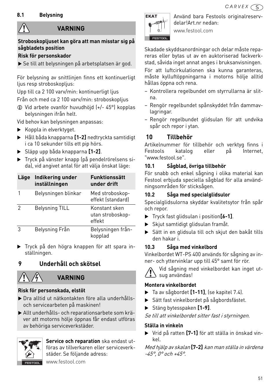 Underhåll och skötsel, 10 tillbehör, 9underhåll och skötsel | Varning | Festool PSB 420 EBQ User Manual | Page 51 / 99