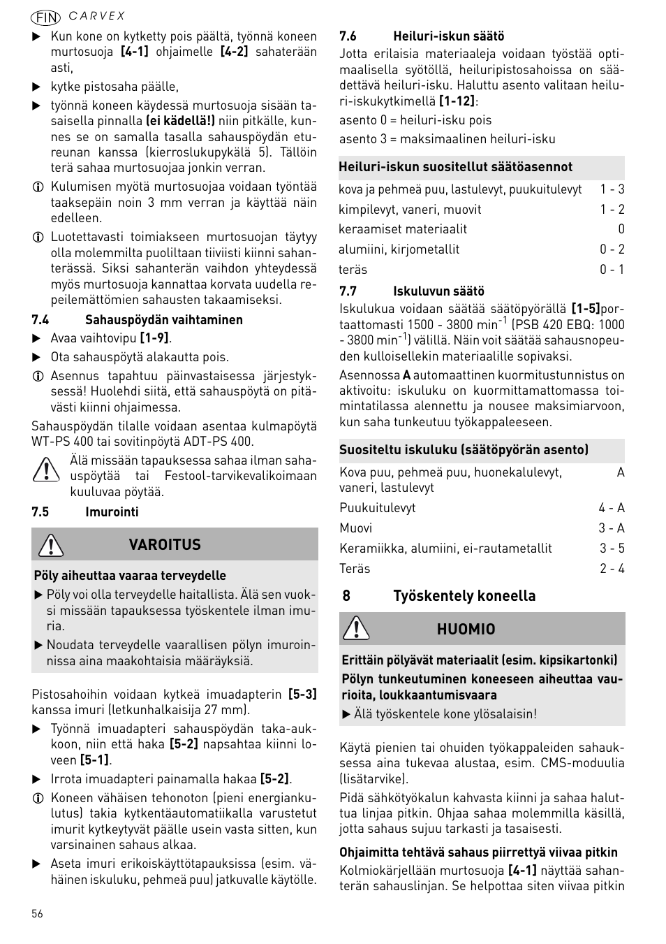 Työskentely koneella, 8työskentely koneella, Varoitus | Huomio | Festool PSB 420 EBQ User Manual | Page 56 / 99