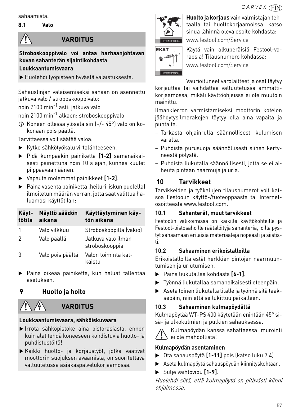 Huolto ja hoito, 10 tarvikkeet, 9huolto ja hoito | Varoitus | Festool PSB 420 EBQ User Manual | Page 57 / 99