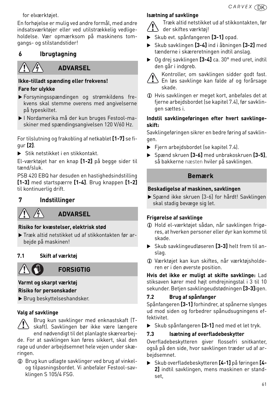 Ibrugtagning, Indstillinger, 6ibrugtagning | 7indstillinger, Advarsel, Forsigtig, Bemærk | Festool PSB 420 EBQ User Manual | Page 61 / 99