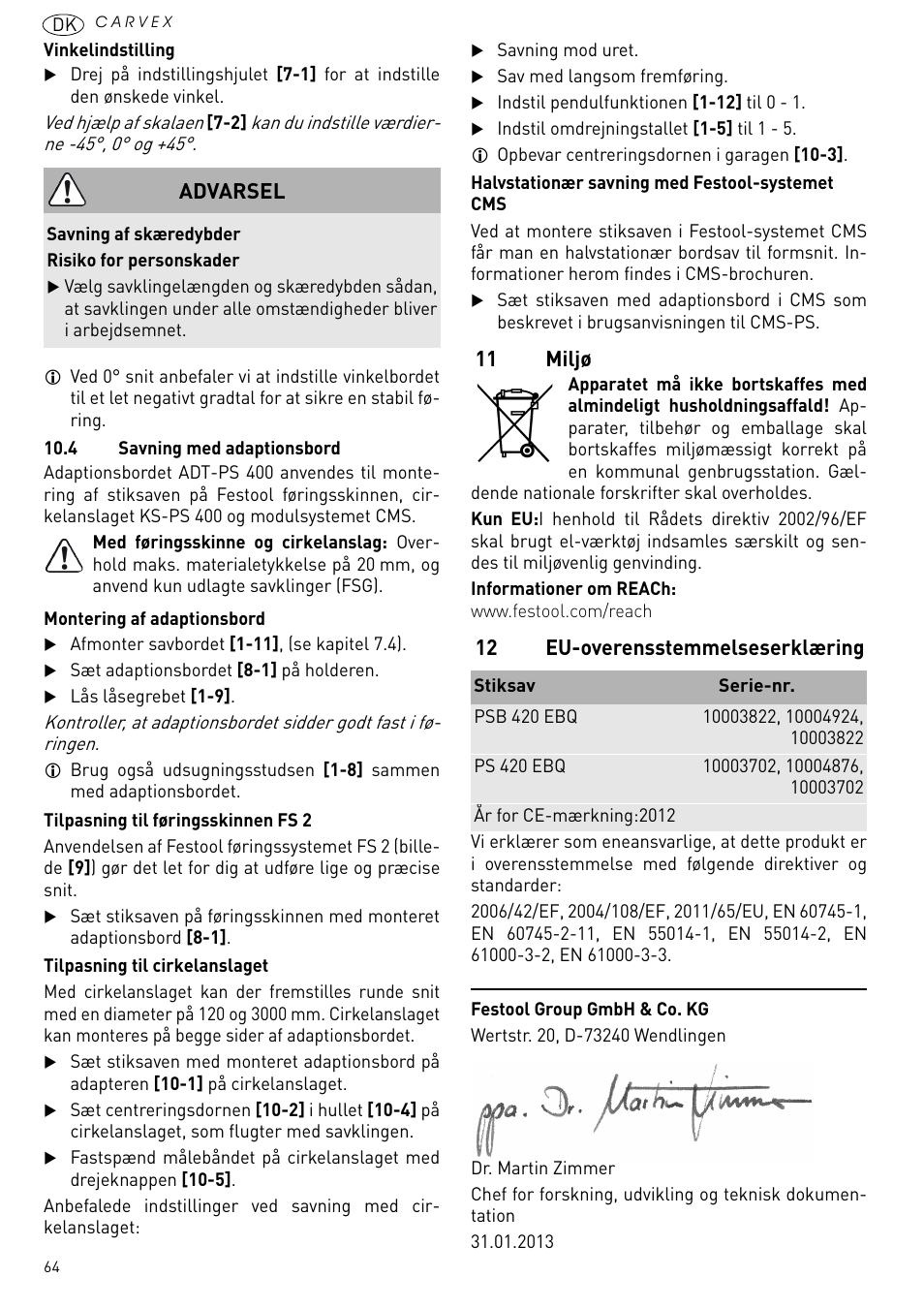 11 miljø, 12 eu-overensstemmelseserklæring, Advarsel | Festool PSB 420 EBQ User Manual | Page 64 / 99