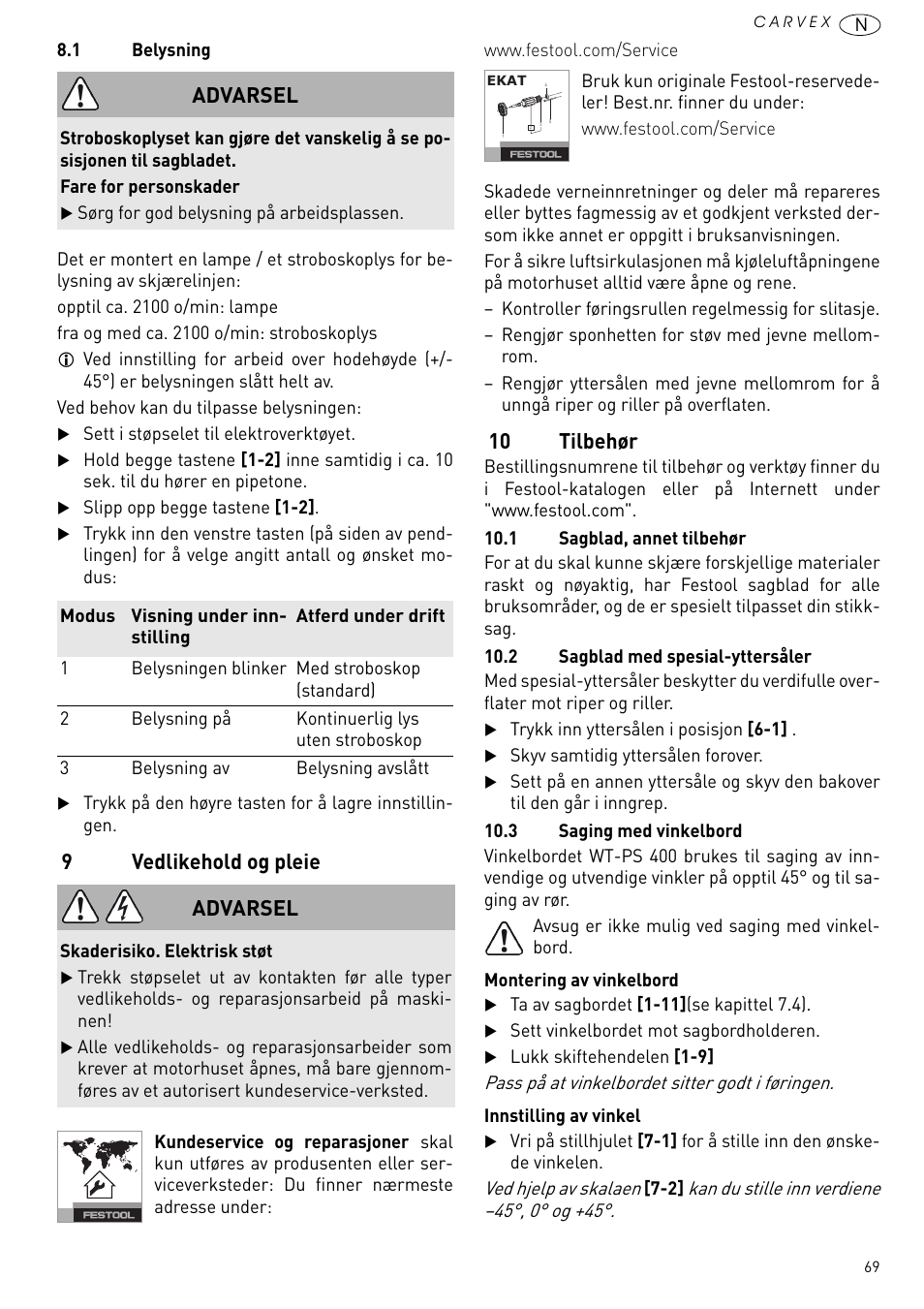 Vedlikehold og pleie, 10 tilbehør, 9vedlikehold og pleie | Advarsel | Festool PSB 420 EBQ User Manual | Page 69 / 99