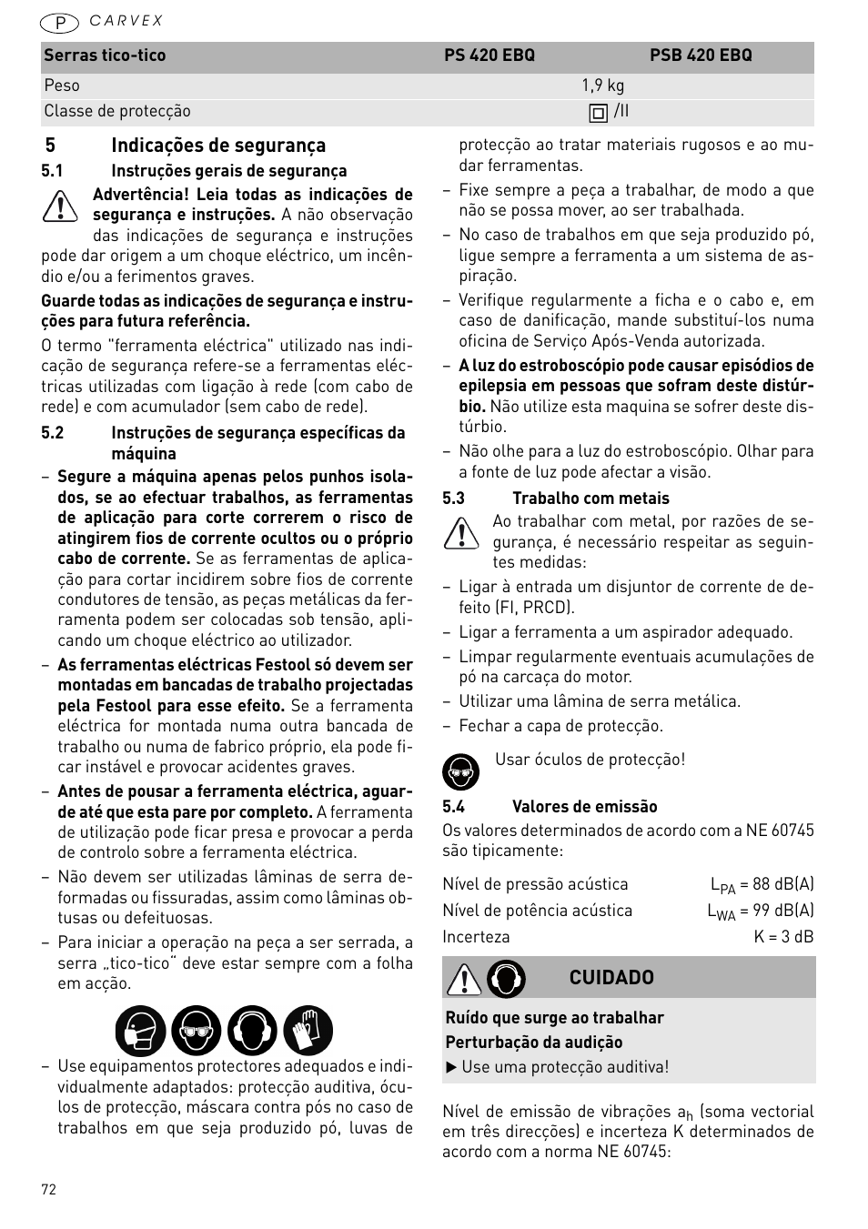 Indicações de segurança | Festool PSB 420 EBQ User Manual | Page 72 / 99