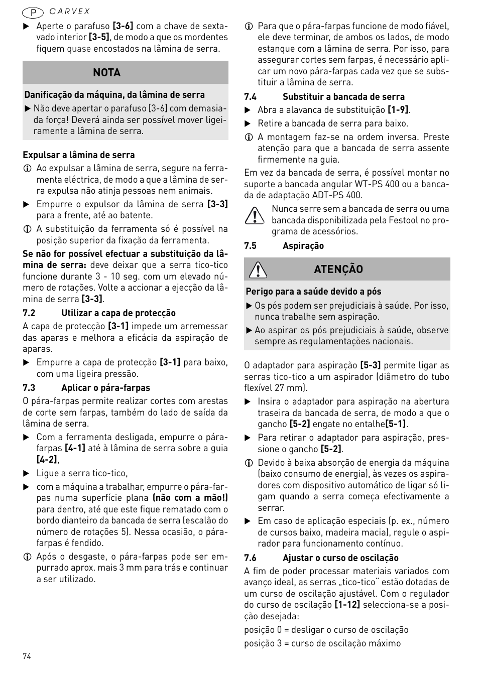 Nota, Atenção | Festool PSB 420 EBQ User Manual | Page 74 / 99