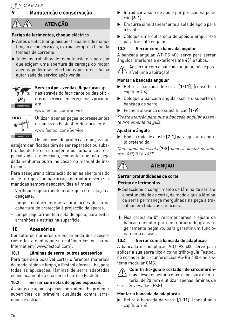 Manutenção e conservação, 10 acessórios, 9manutenção e conservação | Atenção | Festool PSB 420 EBQ User Manual | Page 76 / 99