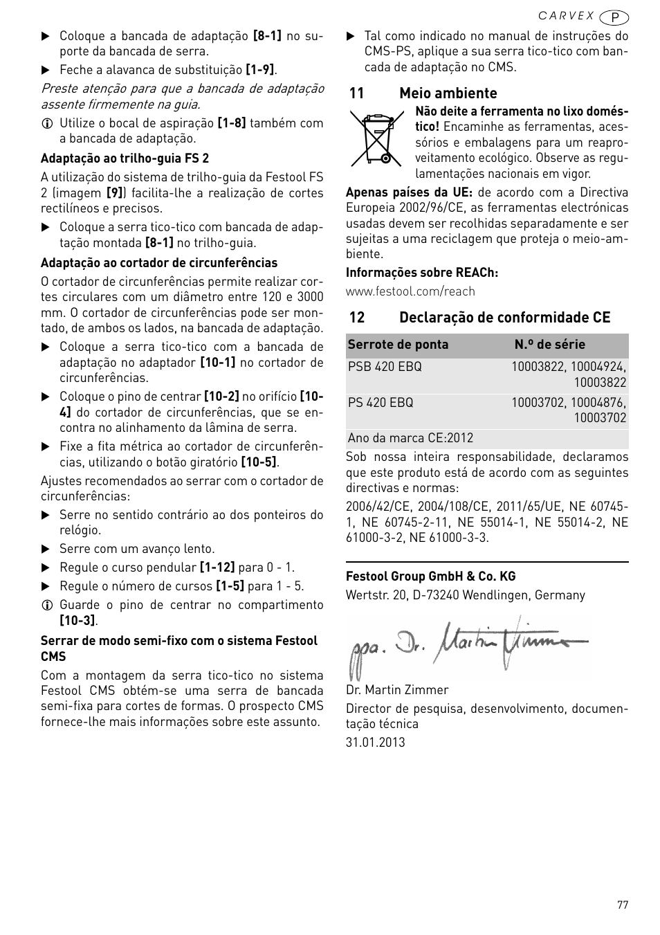 11 meio ambiente, 12 declaração de conformidade ce | Festool PSB 420 EBQ User Manual | Page 77 / 99