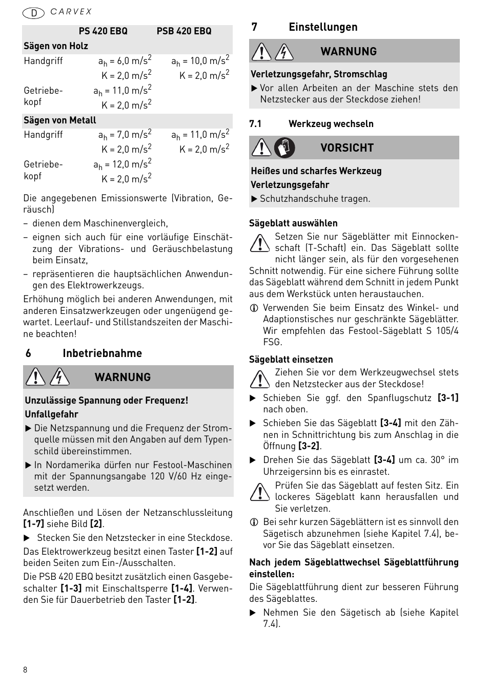 Inbetriebnahme, Einstellungen, 6inbetriebnahme | 7einstellungen, Warnung, Vorsicht | Festool PSB 420 EBQ User Manual | Page 8 / 99