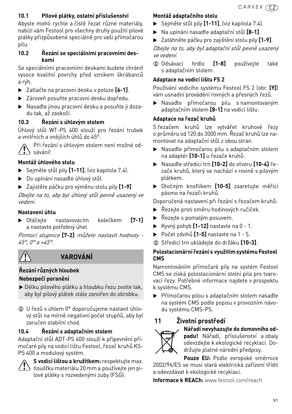 11 životní prostředí, Varování | Festool PSB 420 EBQ User Manual | Page 91 / 99