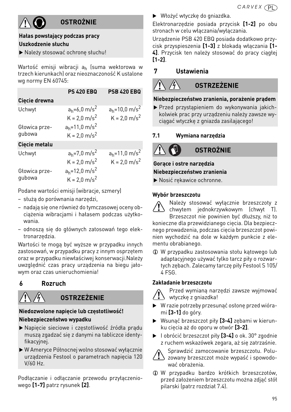 Rozruch, Ustawienia, 6rozruch | 7ustawienia, Ostrożnie, Ostrzeżenie | Festool PSB 420 EBQ User Manual | Page 95 / 99