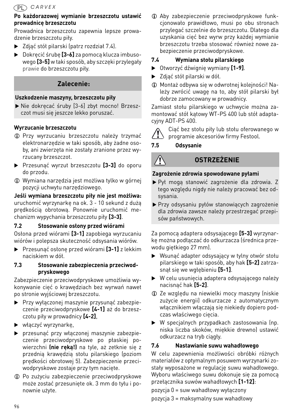 Zalecenie, Ostrzeżenie | Festool PSB 420 EBQ User Manual | Page 96 / 99