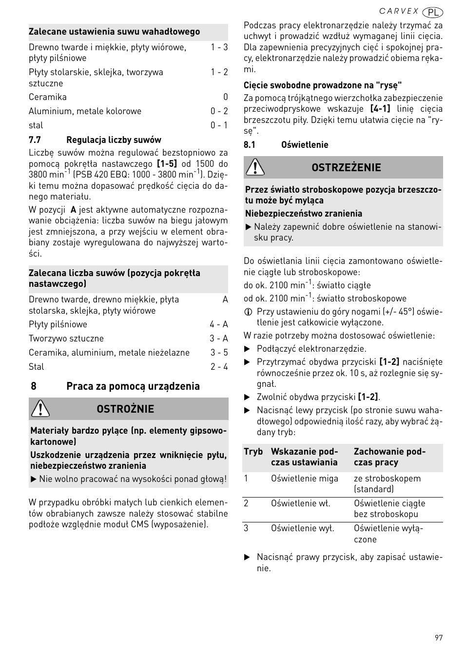 Praca za pomocą urządzenia, 8praca za pomocą urządzenia, Ostrożnie | Ostrzeżenie | Festool PSB 420 EBQ User Manual | Page 97 / 99