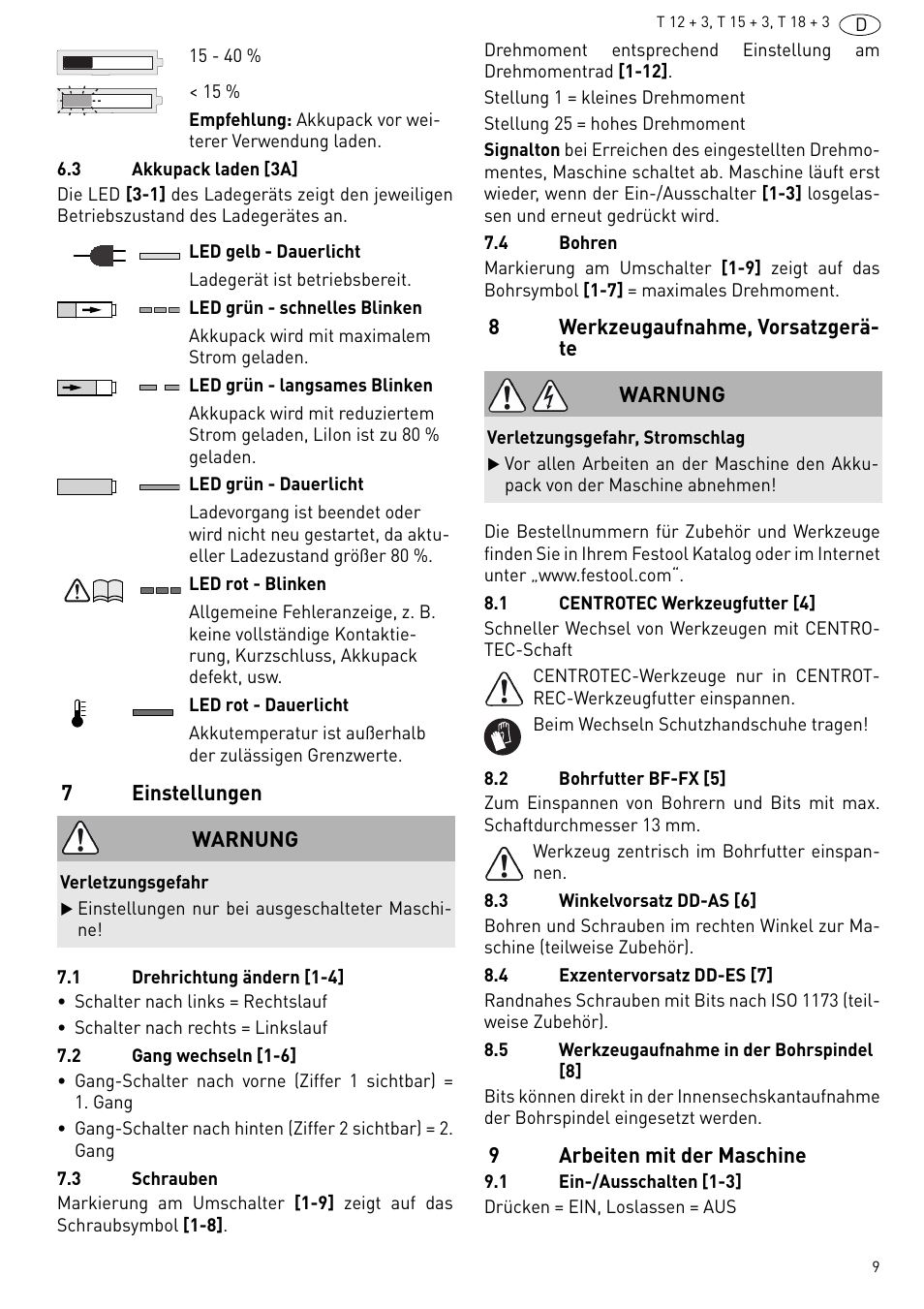 Festool T 18+3 Li User Manual | Page 9 / 84