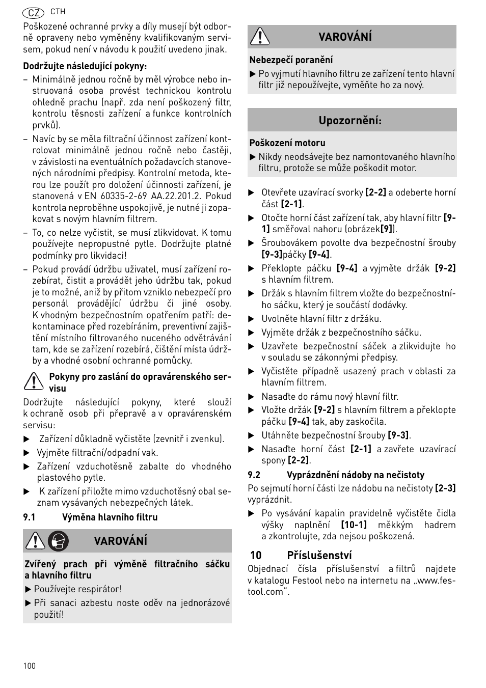 La 9.1), 10 příslušenství, Varování | Upozornění | Festool CTH 26 E-AC CLEANTEX User Manual | Page 100 / 109