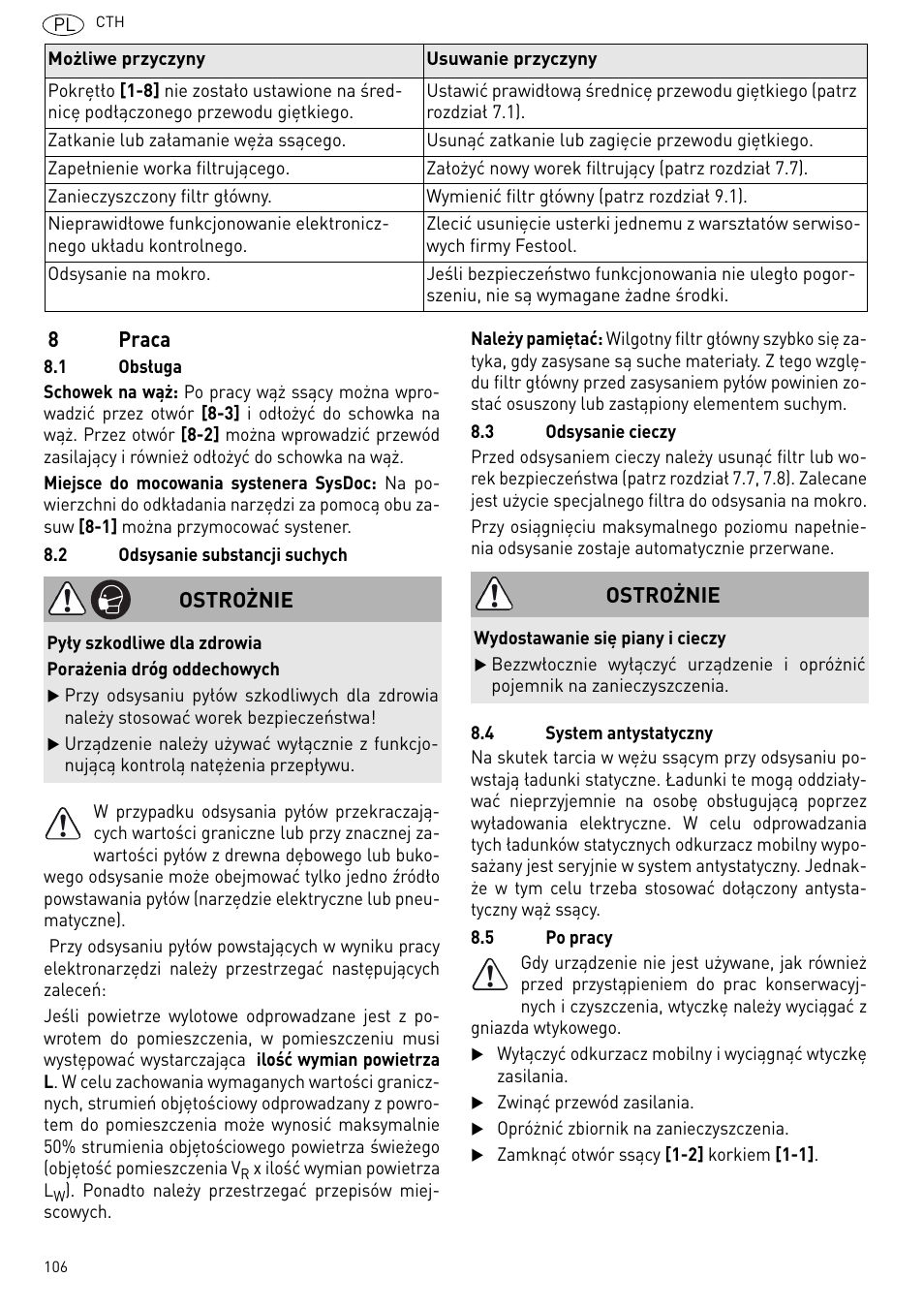 8praca, Ostrożnie | Festool CTH 26 E-AC CLEANTEX User Manual | Page 106 / 109