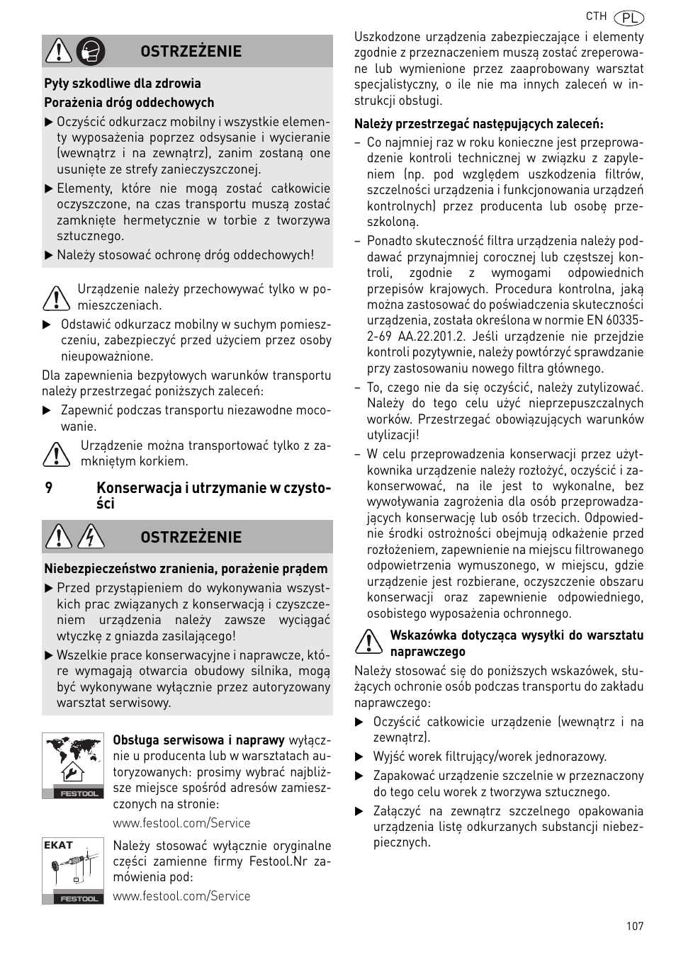 9konserwacja i utrzymanie w czysto- ści, Ostrzeżenie | Festool CTH 26 E-AC CLEANTEX User Manual | Page 107 / 109