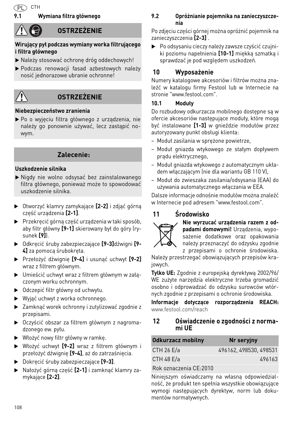 10 wyposażenie, 11 środowisko, 12 oświadczenie o zgodności z norma- mi ue | Ostrzeżenie, Zalecenie | Festool CTH 26 E-AC CLEANTEX User Manual | Page 108 / 109