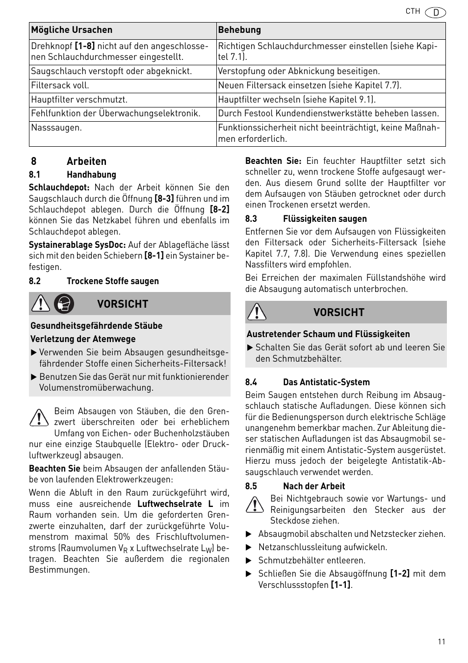 8arbeiten, Vorsicht | Festool CTH 26 E-AC CLEANTEX User Manual | Page 11 / 109
