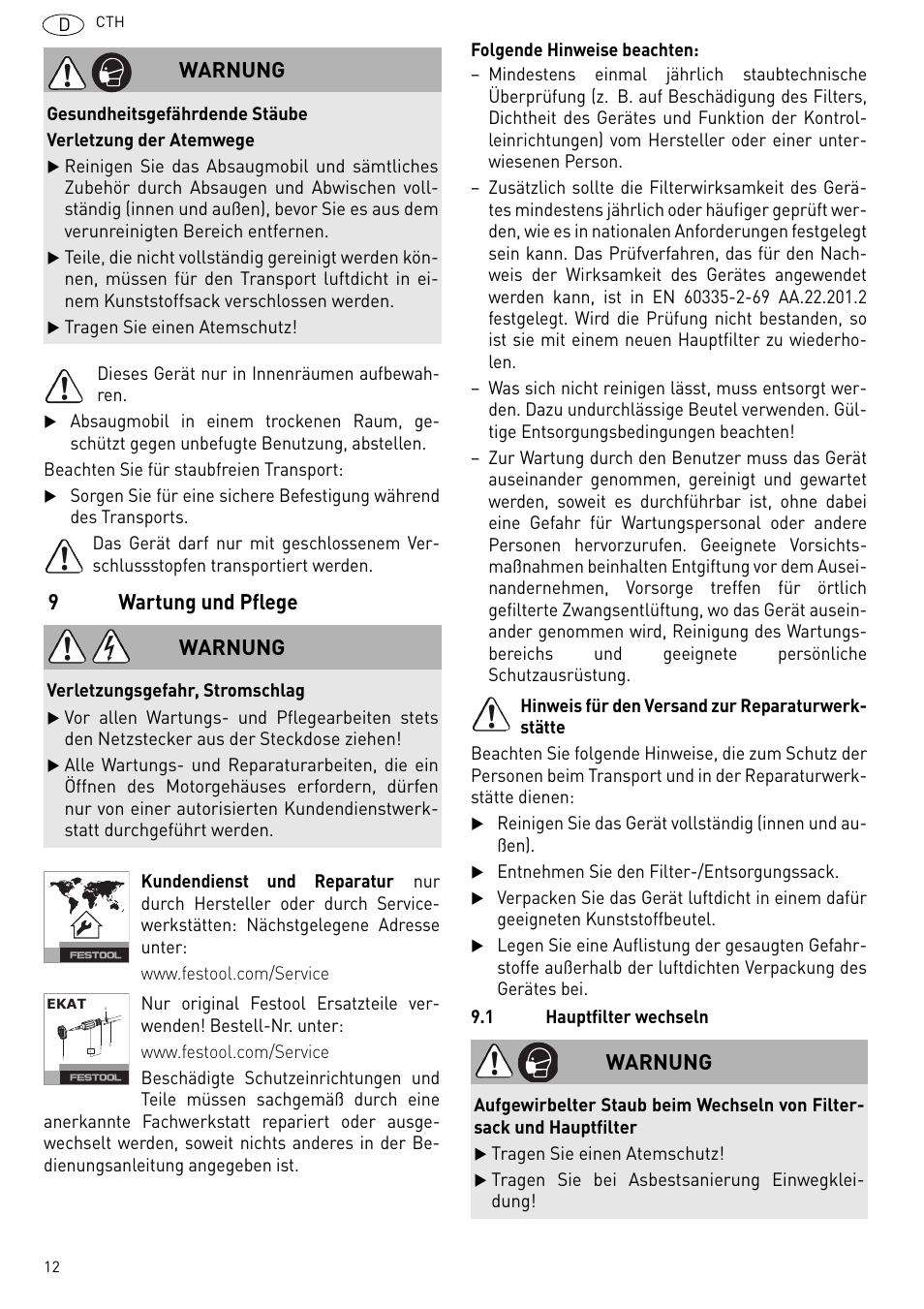 L 9.1), 9wartung und pflege, Warnung | Festool CTH 26 E-AC CLEANTEX User Manual | Page 12 / 109