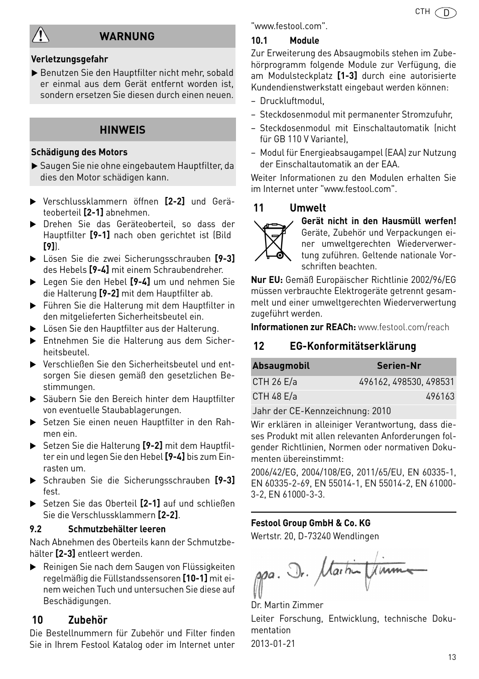 10 zubehör, 11 umwelt, 12 eg-konformitätserklärung | Warnung, Hinweis | Festool CTH 26 E-AC CLEANTEX User Manual | Page 13 / 109