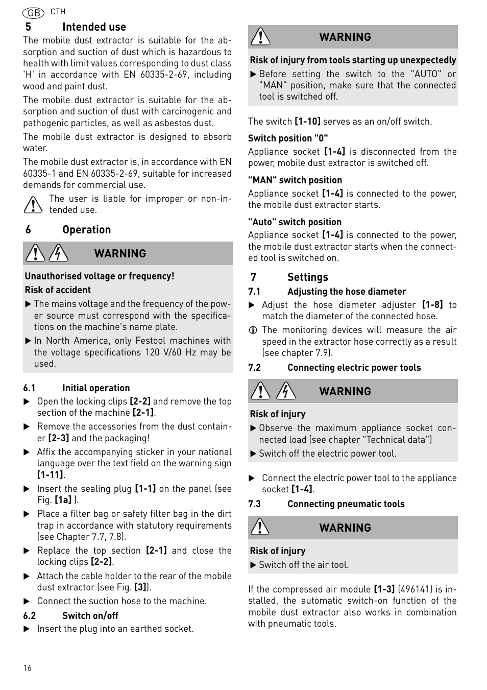 5intended use, 6operation, 7settings | Warning | Festool CTH 26 E-AC CLEANTEX User Manual | Page 16 / 109