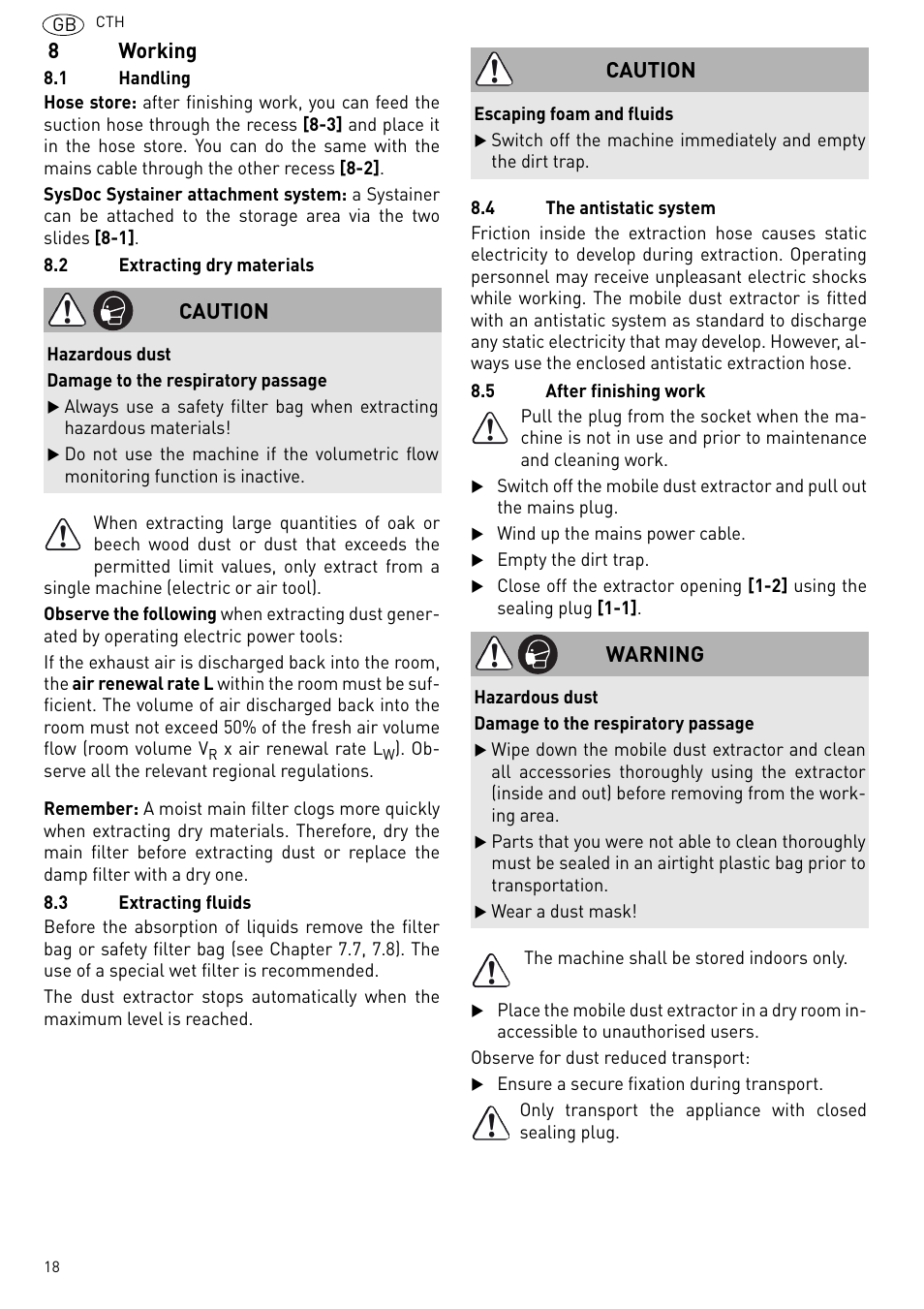 8working, Caution, Warning | Festool CTH 26 E-AC CLEANTEX User Manual | Page 18 / 109