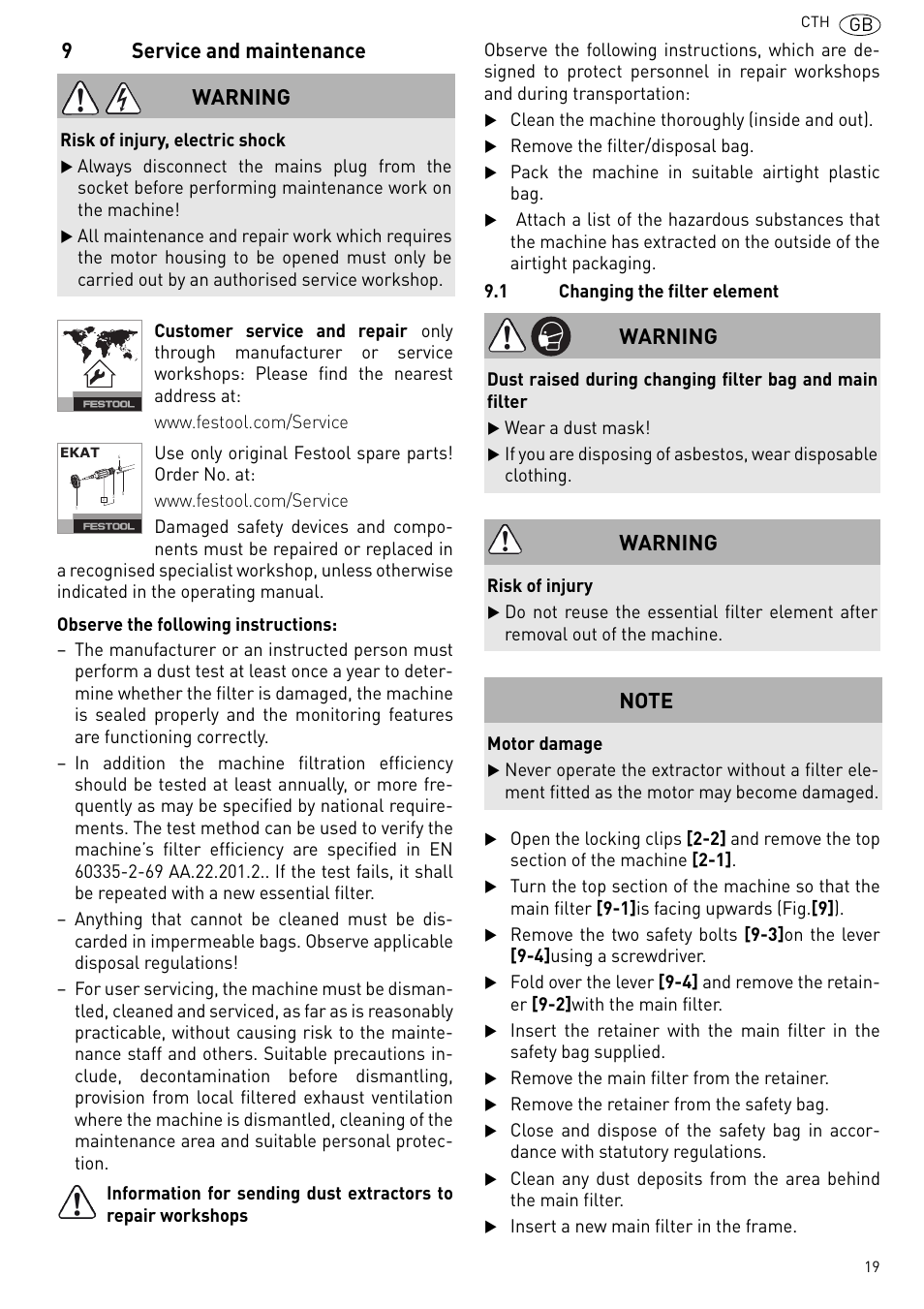 R 9.1), 9service and maintenance, Warning | Festool CTH 26 E-AC CLEANTEX User Manual | Page 19 / 109