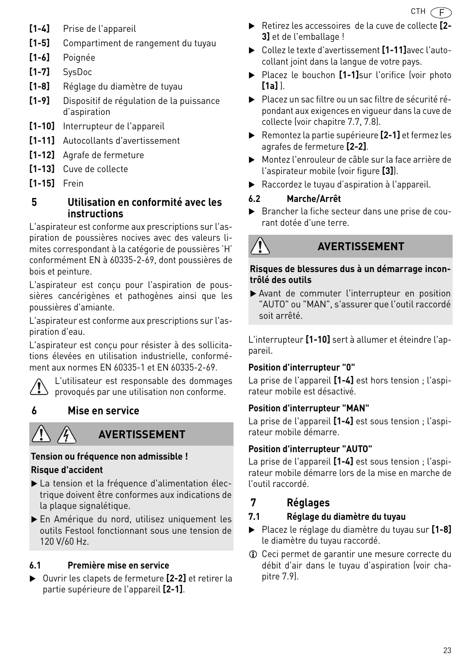 5utilisation en conformité avec les instructions, 6mise en service, 7réglages | Avertissement | Festool CTH 26 E-AC CLEANTEX User Manual | Page 23 / 109