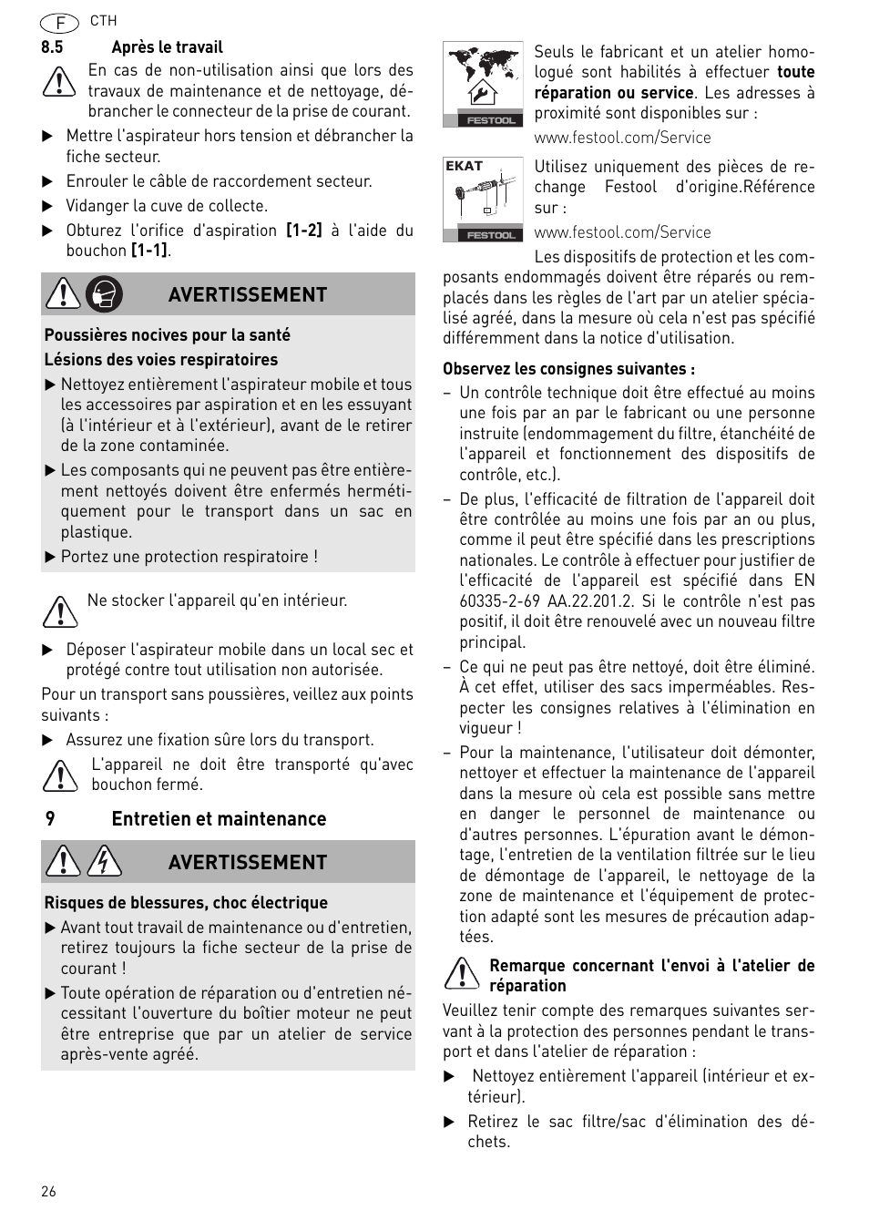 9entretien et maintenance, Avertissement | Festool CTH 26 E-AC CLEANTEX User Manual | Page 26 / 109