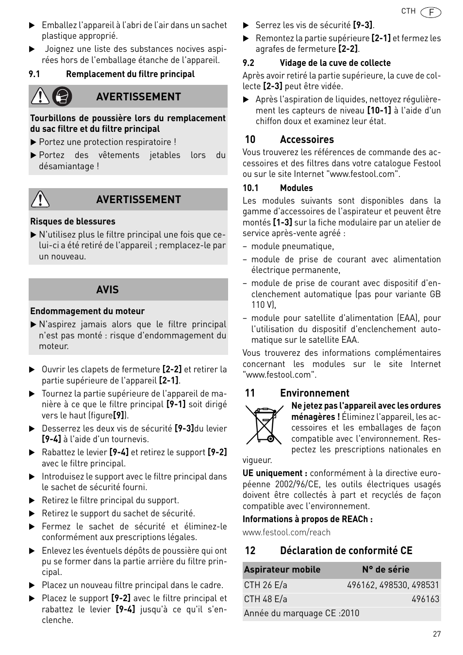 10 accessoires, 11 environnement, 12 déclaration de conformité ce avertissement | Avertissement, Avis | Festool CTH 26 E-AC CLEANTEX User Manual | Page 27 / 109