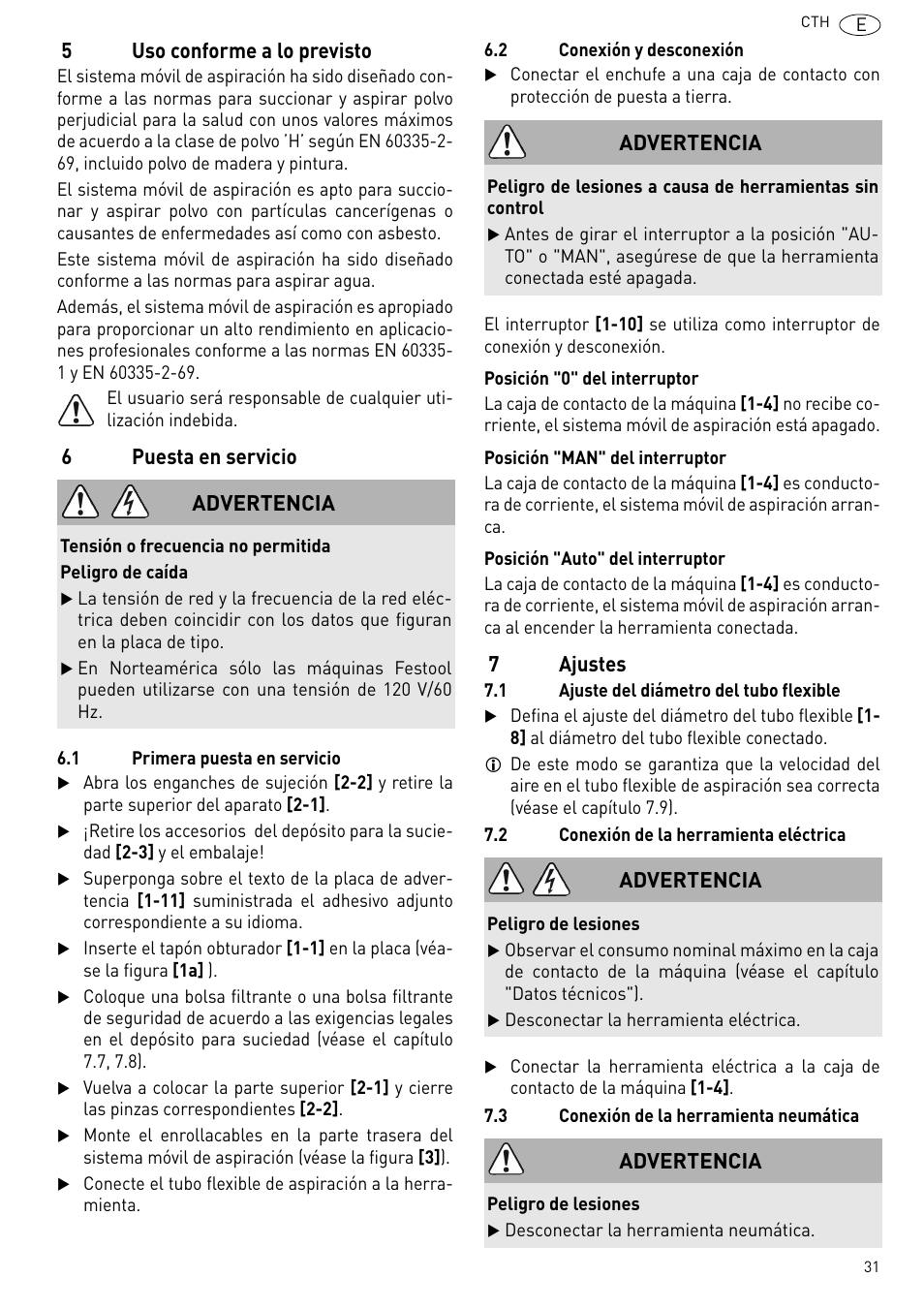 5uso conforme a lo previsto, 6puesta en servicio, 7ajustes | Advertencia | Festool CTH 26 E-AC CLEANTEX User Manual | Page 31 / 109