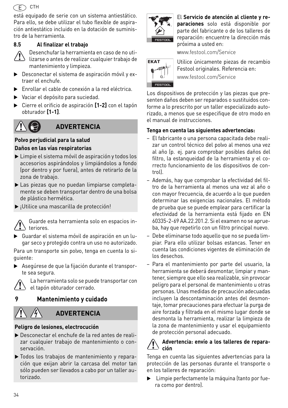 9mantenimiento y cuidado, Advertencia | Festool CTH 26 E-AC CLEANTEX User Manual | Page 34 / 109