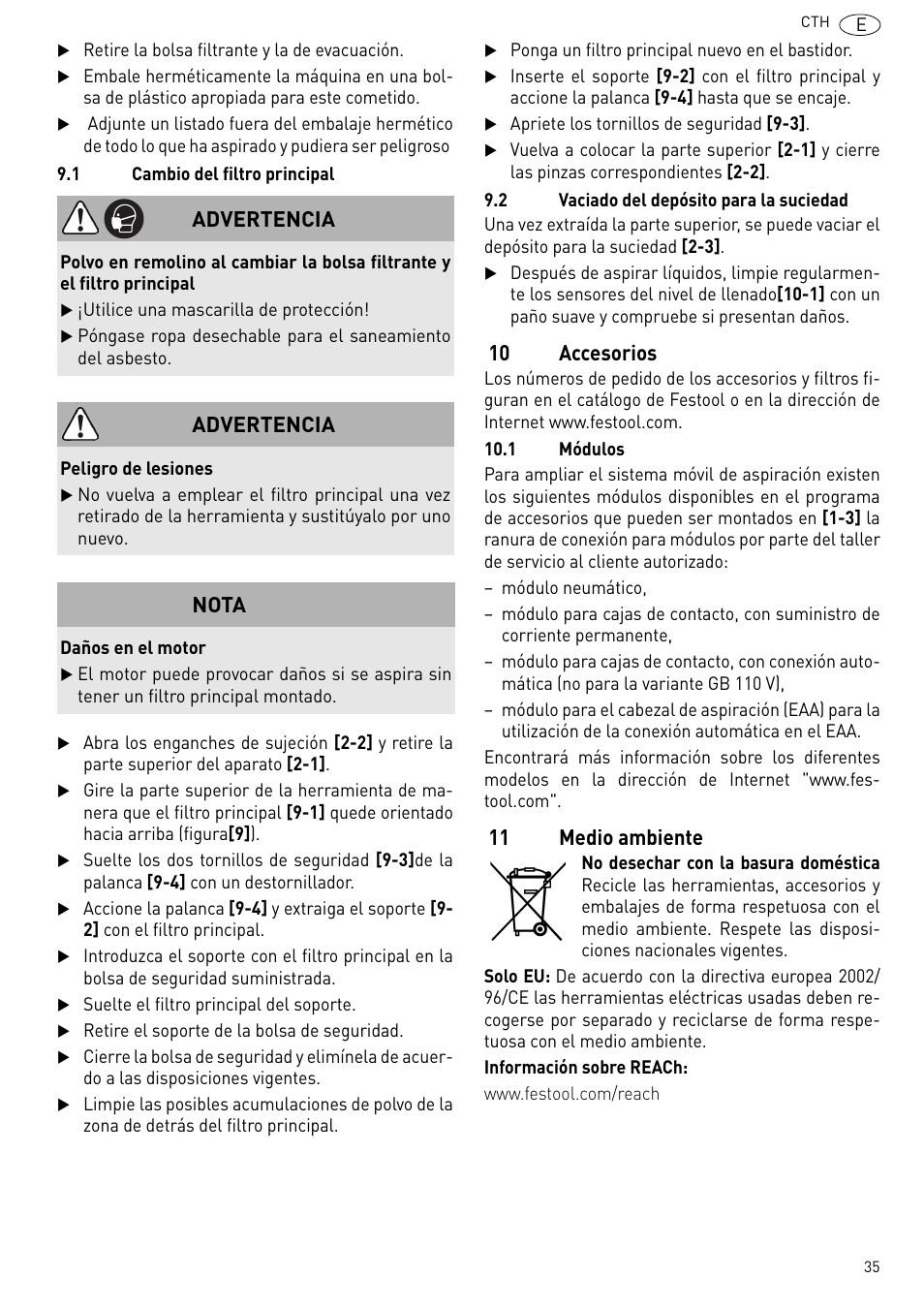 10 accesorios, 11 medio ambiente, Advertencia | Nota | Festool CTH 26 E-AC CLEANTEX User Manual | Page 35 / 109