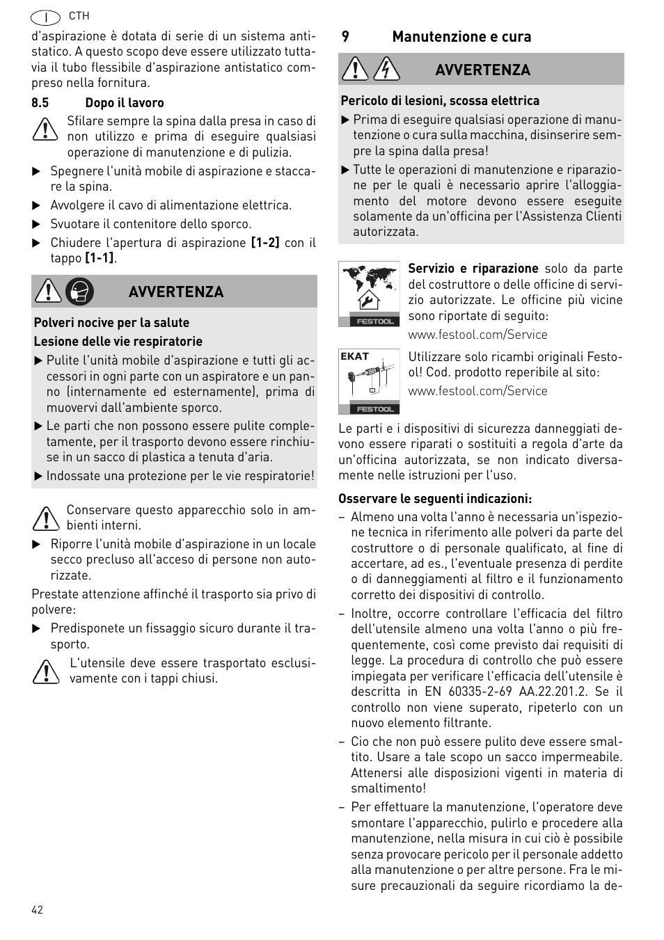 9manutenzione e cura, Avvertenza | Festool CTH 26 E-AC CLEANTEX User Manual | Page 42 / 109