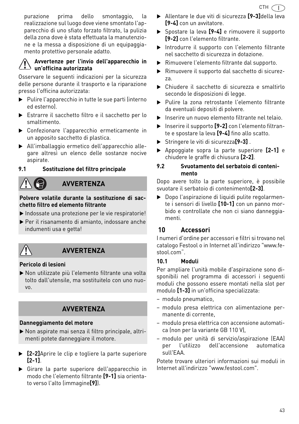 Edi cap. 9.1), 10 accessori, Avvertenza | Festool CTH 26 E-AC CLEANTEX User Manual | Page 43 / 109