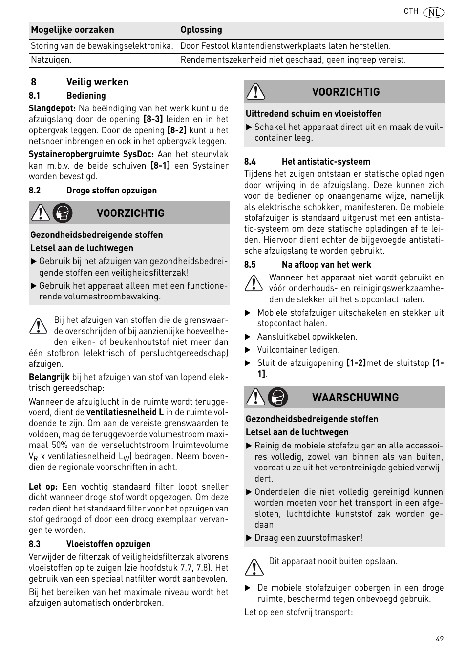 8veilig werken, Voorzichtig, Waarschuwing | Festool CTH 26 E-AC CLEANTEX User Manual | Page 49 / 109