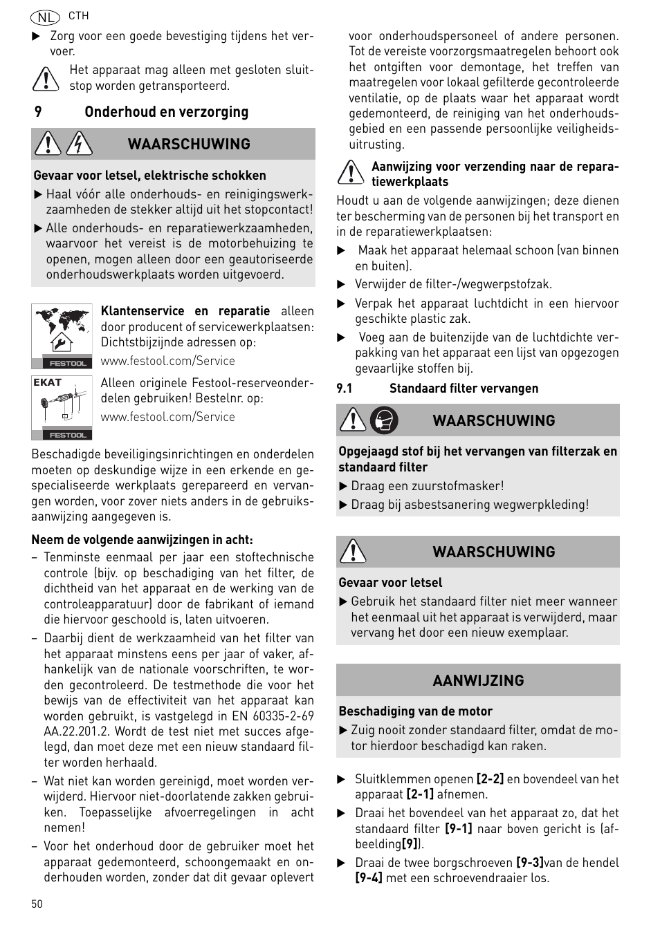 9onderhoud en verzorging, Waarschuwing, Aanwijzing | Festool CTH 26 E-AC CLEANTEX User Manual | Page 50 / 109