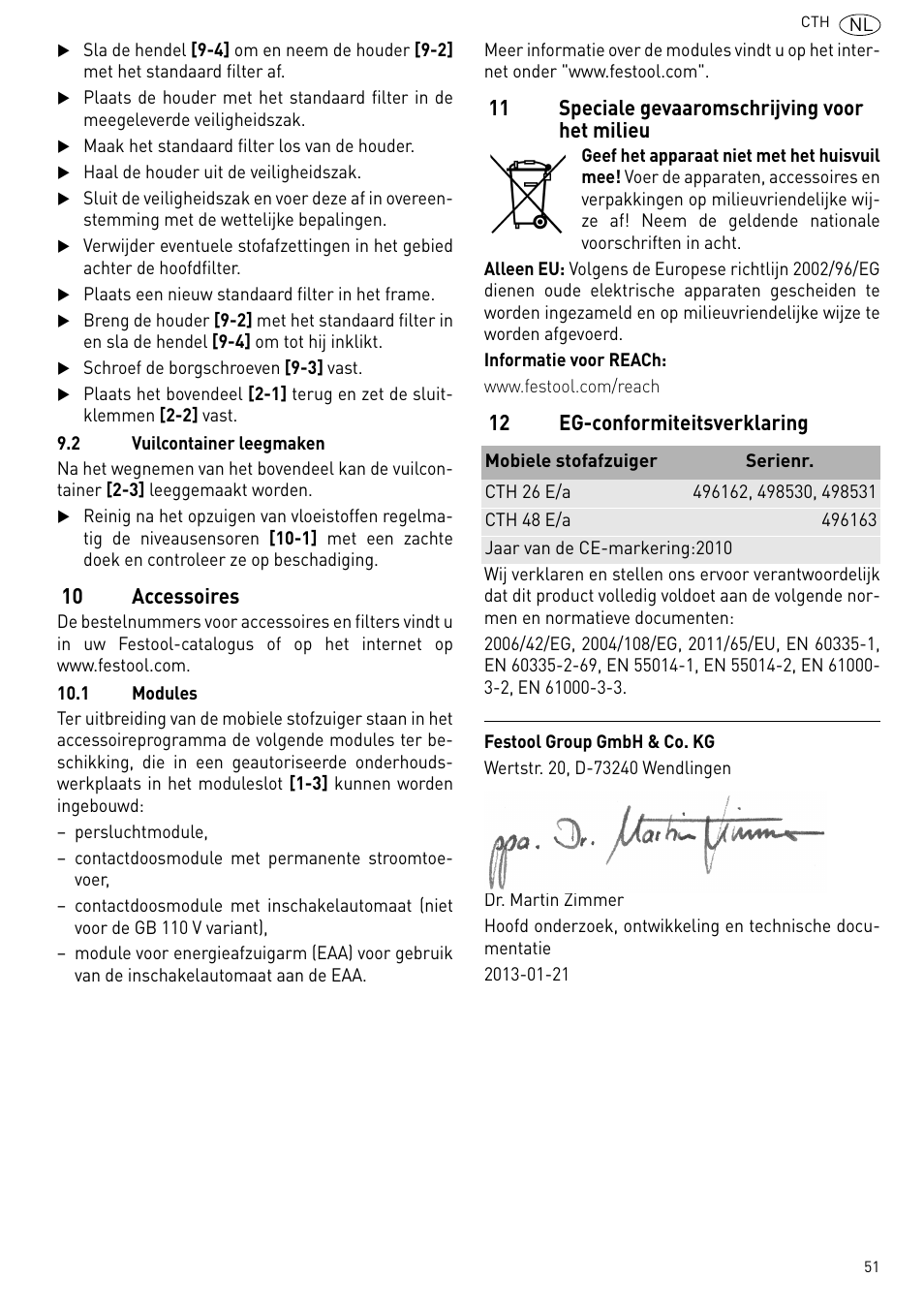 10 accessoires, 11 speciale gevaaromschrijving voor het milieu, 12 eg-conformiteitsverklaring | Festool CTH 26 E-AC CLEANTEX User Manual | Page 51 / 109