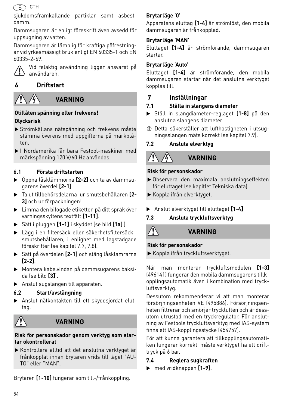 6driftstart, 7inställningar, Varning | Festool CTH 26 E-AC CLEANTEX User Manual | Page 54 / 109