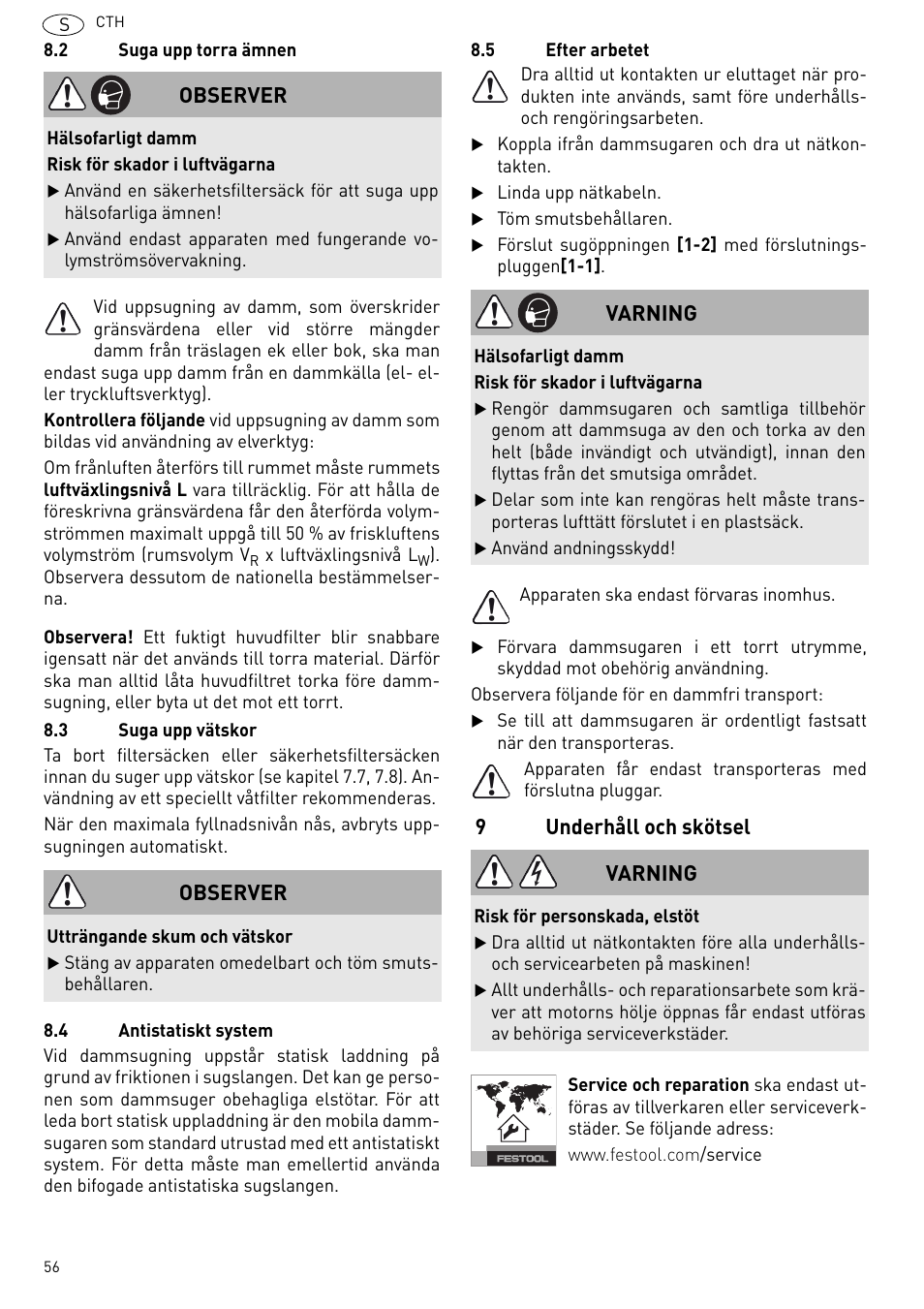 9underhåll och skötsel, Observer, Varning | Festool CTH 26 E-AC CLEANTEX User Manual | Page 56 / 109