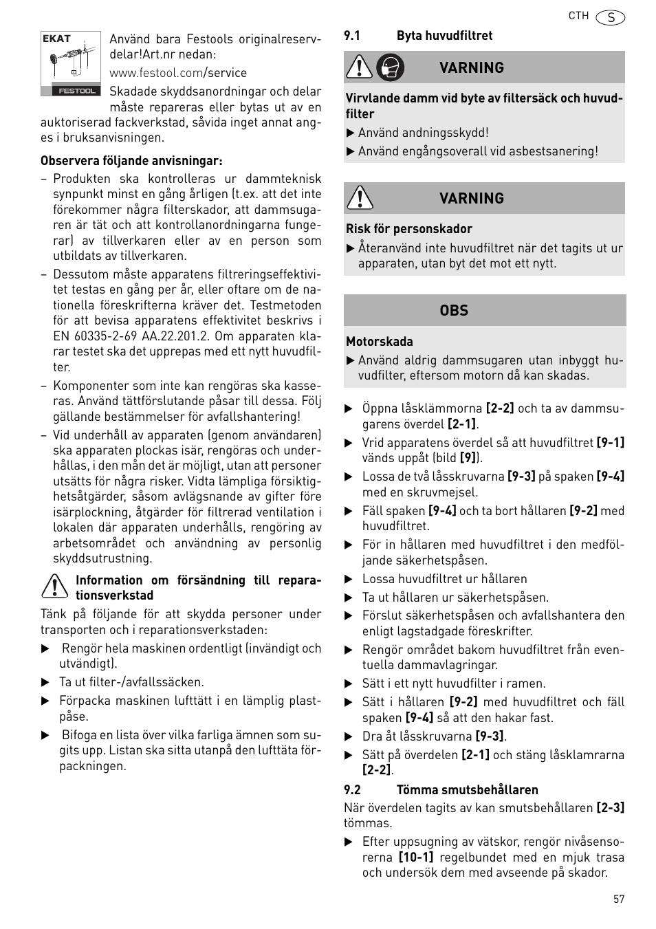 L 9.1), Varning | Festool CTH 26 E-AC CLEANTEX User Manual | Page 57 / 109