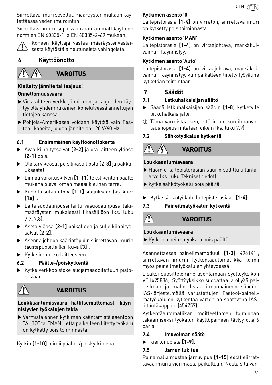 6käyttöönotto, 7säädöt, Varoitus | Festool CTH 26 E-AC CLEANTEX User Manual | Page 61 / 109