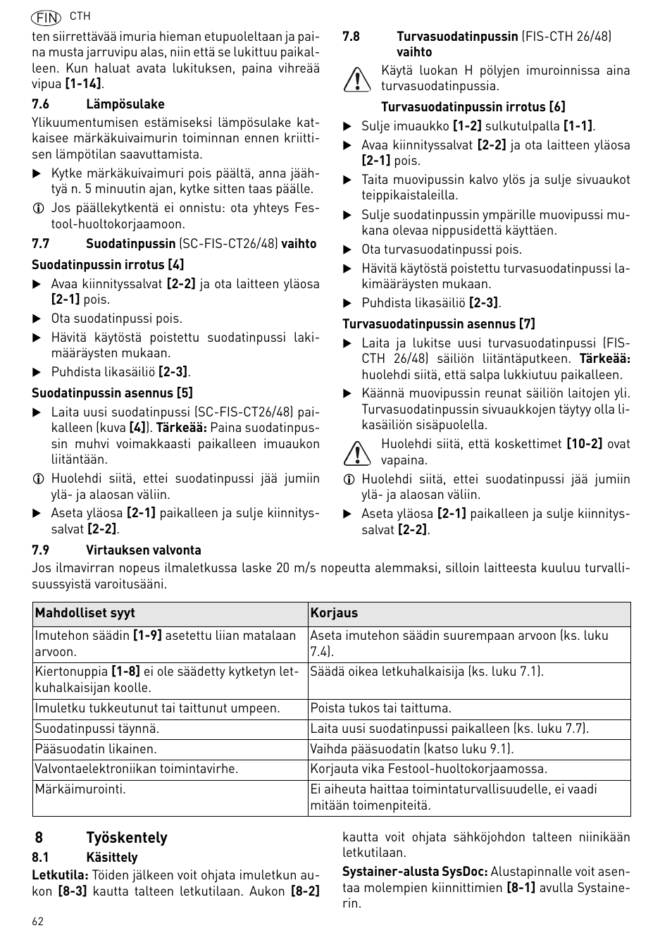 8työskentely | Festool CTH 26 E-AC CLEANTEX User Manual | Page 62 / 109