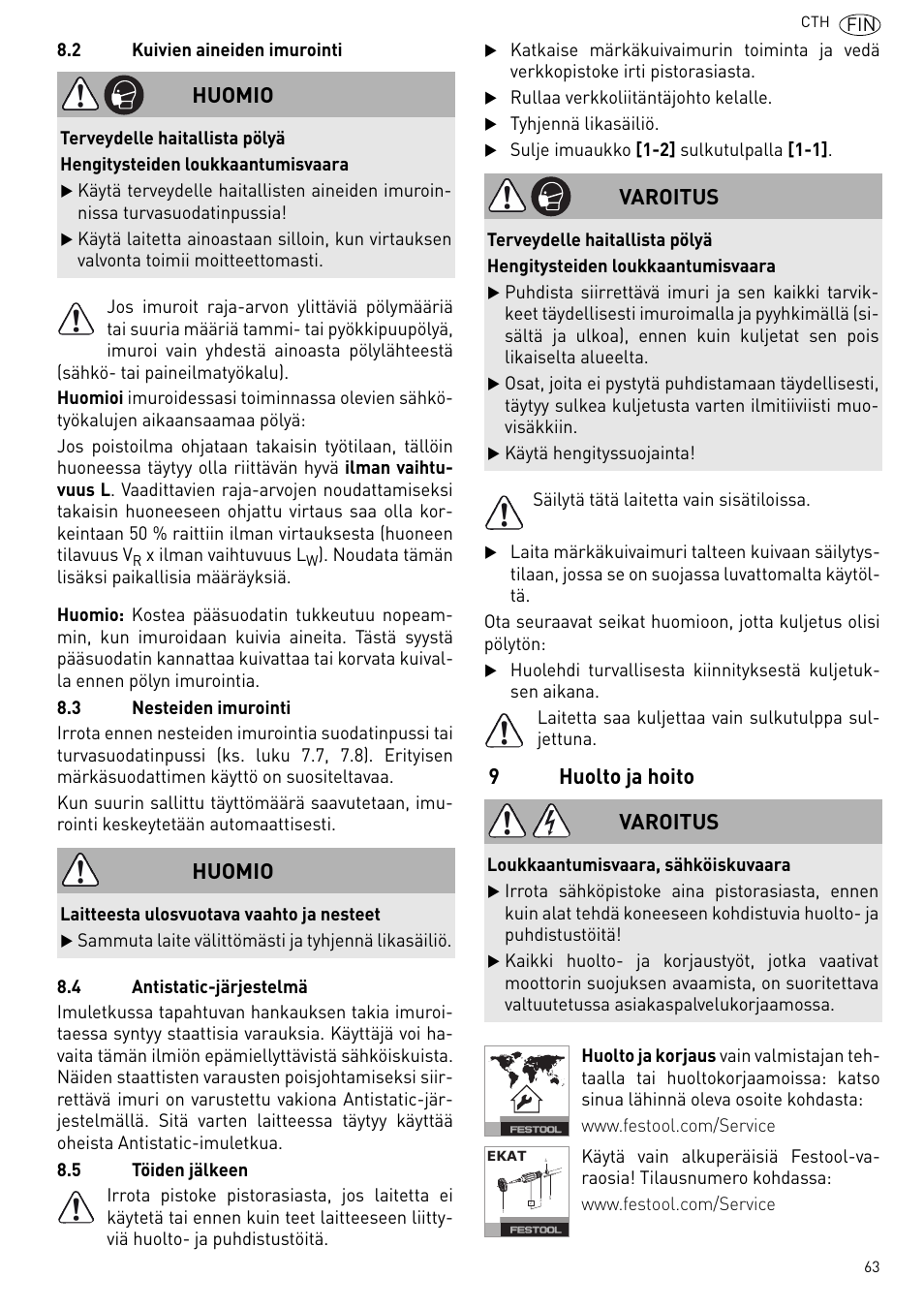 9huolto ja hoito, Huomio, Varoitus | Festool CTH 26 E-AC CLEANTEX User Manual | Page 63 / 109