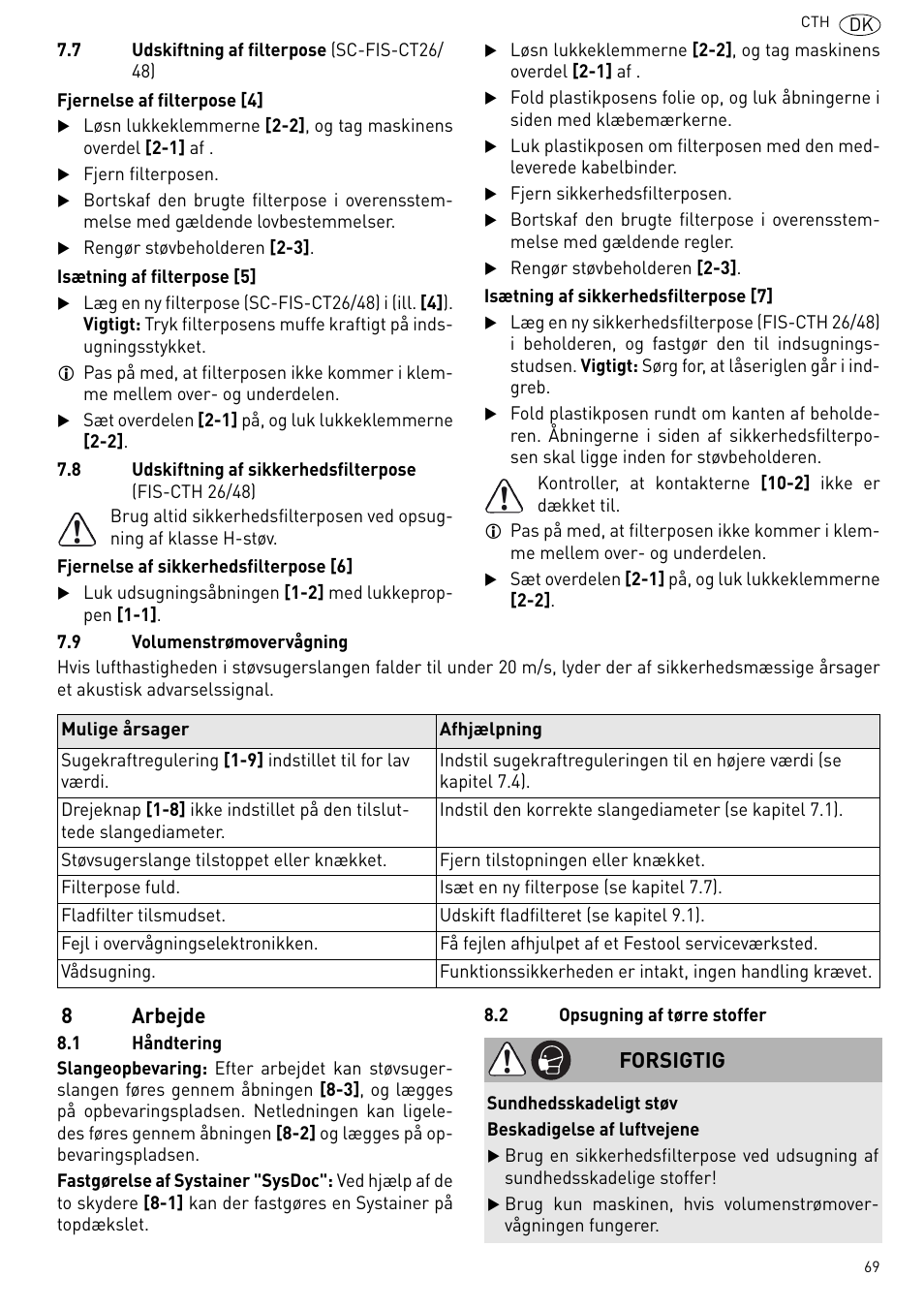 8arbejde, Forsigtig | Festool CTH 26 E-AC CLEANTEX User Manual | Page 69 / 109